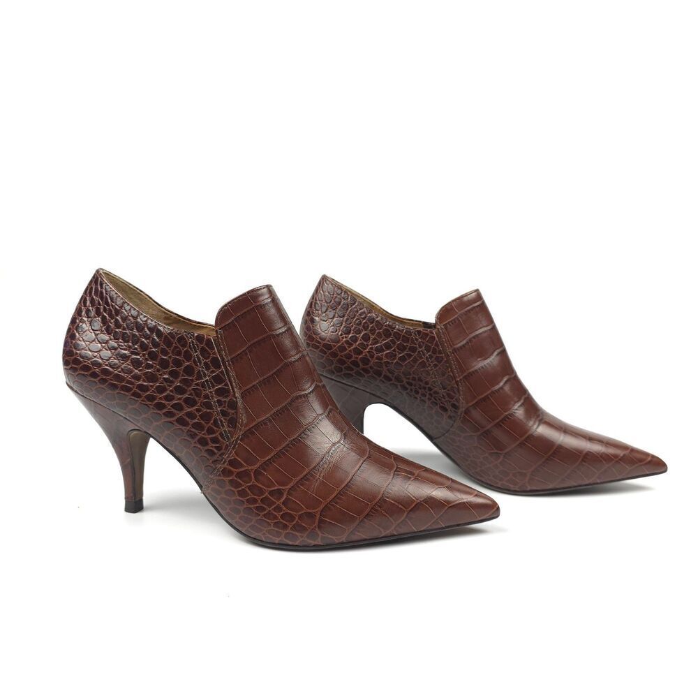 TORY BURCH Georgina Ankle Bootie Brown Croc Stiletto Heel French Girl Old Money